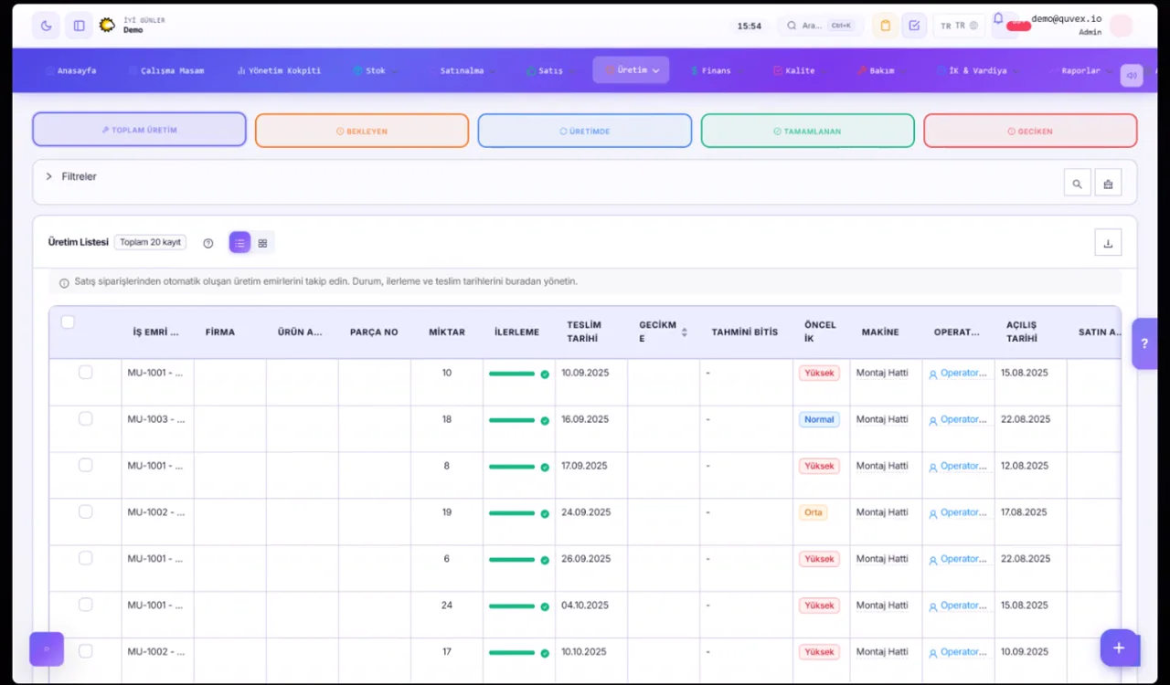 Quvex demo production planning and work order list with sample data