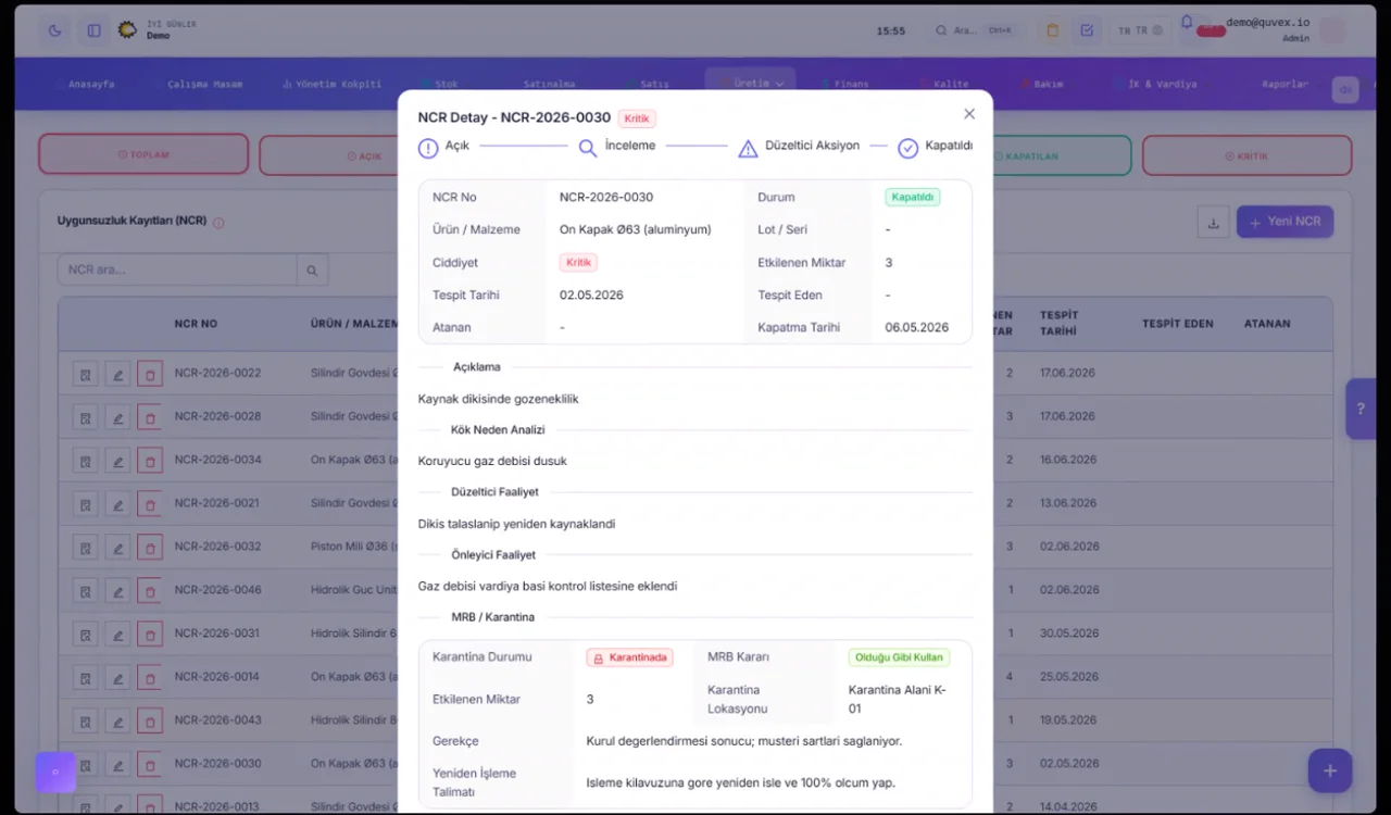 Quvex demo NCR and material review record with sample data